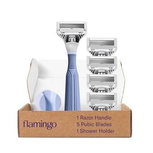 lot 20241 image: Flamingo Pubic Hair Razor for Women, Shaving Kit, 1 Pubic Razor Handle, 4 Five-Blade Refills, 1 Shower Holder, Starter Set, Full Kit