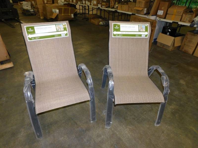lot 1807 image: Destination Summer Bronze Finish Oversized Sling Chairs Appear New