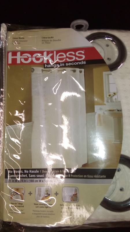 lot 2037 image: Hookless Fabric Shower Curtain, Cream Waffle, Hangs In Seconds, 71w X 74l