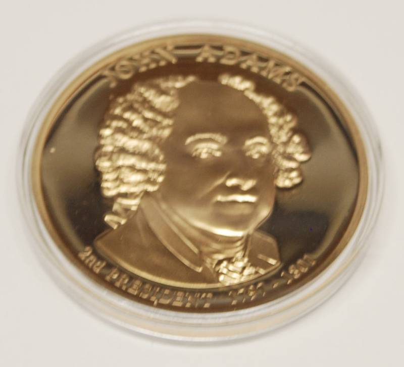 lot 1044 image: 2014 Presidential Dollar Trials Coin - John Adams - Cu, Layered in 24K GOLD - 54 g - 50 mm - PROOF  VERY BIG & Heavy COIN