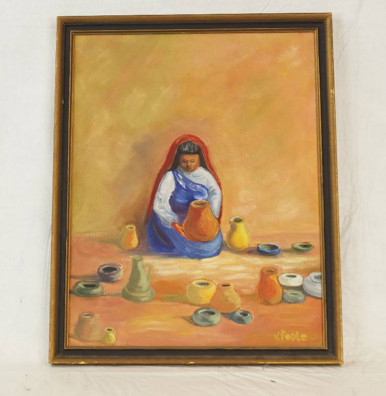 lot 6805 image: Woman with Pottery Painting by V. Poole - 14 x 18 on Canvas