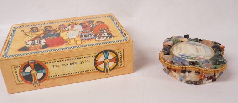 lot 2162 image: Native American Childrens Box and Rock Decorated Keep Box