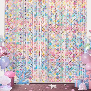 lot 1198006 image: X3 Mermaid Party Decorations, 1Pack Mermaid Tinsel Foil Fringe Curtains, Mermaid Birthday Party Photo Booth Prop Backdrops Fringe Curtains for Mermaid Theme Birthday Party Decor 3.3x8.2ft - Retail $16