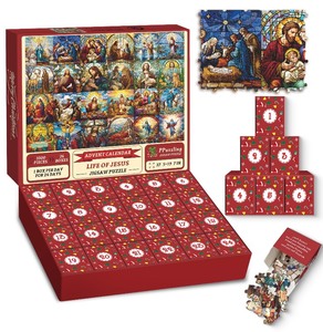 lot 1198055 image: Advent Calendar 2024 Christmas Puzzle for Adults 1000 Pieces, Life of Jesus Stained Glass Jigsaw Puzzle, 24-Day Christmas Countdown Calendar Winter Puzzle for Christmas Decorations 2024 - Retail $12