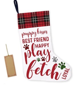 lot 1198056 image: LyoGao Dog Christmas Stocking, Puppy Burlap Christmas Stocking Gifts, Pet Dog Christmas Socks Decoration Dog Christmas Stocking for Home Fireplace Decor (with Blank Tag) - Retail $14