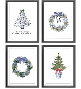 lot 1198060 image: AEHIE Chinoiserie Christmas Wall Decor, Blue And White Xmas Tree Wreath Blossom Poster Prints for Living Room Bedroom Office Decor, Chinoiserie Christmas Ornaments Wall Art Unframed 4pcs 12x16 Inches - Retail $18