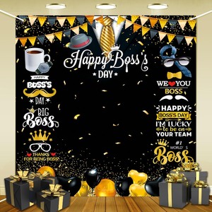 lot 1198096 image: Generic Large Happy Bosss Day Backdrop National Bosss Day Background for Bosss Birthday Party Office Wall Decoration Banner (Gold) - Retail $25