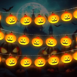 lot 1198099 image: Swoolfe Pumpkin Halloween Lights - 2 Modes 9.8 Ft 20 Led Pumpkin String Lights Battery Operated, Halloween Pumpkin Lights Decorations Halloween Lights for Indoor Bedroom Halloween Decorations - Retail $13