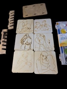 lot 1198105 image: 6 Pack Wood Painting Crafts Coasters Couple Photo Painting Kit with Stand, Pigment, Brushes Date Night Game Mini Pre Drawn Kit for Adult Wedding Gift Party Favor Decor Bridal Shower - Retail $12