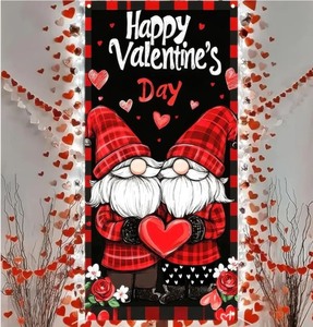 lot 1198143 image: Happy Valentines Day Door Cover 71x35 Inch Gnome Valentines Day Door Hanging Banner Backdrop Valentine Day Banner Heart Decorations Gnomes Hanging Background Outdoor Anniversary Supplies - Retail $6