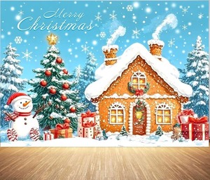 lot 1198153 image: Gingerbread Man Tree Snowman Snowflake Winter Photography Background - Christmas IndoorOutdoor Family Holiday Birthday Party Decoration (Red, 8x6FT) - Retail $20