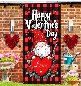 lot 1198160 image: Valentines Day Door Cover Gnome Door Cover Valentines Gnome Door Hanging Banner Backdrop 71x35 Inch LOVE Heart Roses Plaid Gnomes Hanging Background Outdoor Valentines Anniversary Supplies - Retail $6