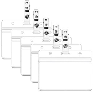 lot 1198182 image: Waterproof ID Badge Holder Vertical Clear PVC Name Holder Tags with Badge Clip Straps (Horizontal, 50 Pack) - Retail $12