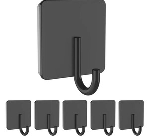 lot 1198199 image: 6 Pack Stainless Steel Heavy Duty Adhesive Towel Hooks for Bathrooms, Kitchen Towel Hooks, Waterproof Bathroom Hooks for Towels, Wall Hooks for Hanging, Adhesive Shower Coat Hook, Black - Retail $13