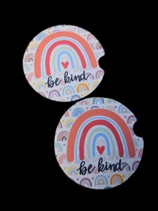 lot 1198246 image: Be Kind Rainbow Car Coasters Lovely Arch 2-Pack Absorbent Ceramic Car Coasters with Finger Notch, Practical Cute Car Cup Holder Accessories - Retail $8