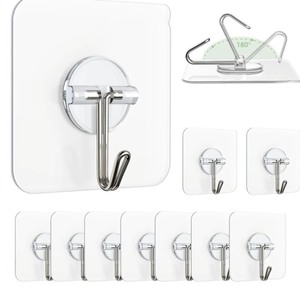lot 1198266 image: Adhesive Wall Hooks for Hanging, Clear Removable Window Hooks 13 lb Stainless Steel Sticky Hook Waterproof Self Adhesive Hook for Shower Ceiling Kitchen Cabinet Wardrobe 10 Pack - Retail $5