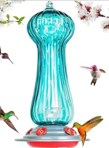 lot 1198326 image: Hummingbird Feeders for Outdoors, 28 Fluid Ounces Hand Blown Glass Hummingbirds Feeder with Ant Moat Hook, Garden Backyard Decorative, Gift for Women, Jellyfish Green - Retail $36