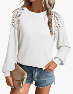 lot 1198477 image: White Ribbed Sweater with Lace Shoulder Detail xl - Retail $29