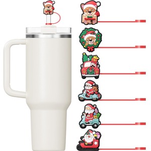 lot 1198503 image: Auhope Straw Cover for Stanley Cup, 6 Packs Christmas Silicone Straw Toppers Compatible with Stanley 20 30 40 Oz Cup, Tumbler Cup Accessories for 10mm 0.4in Straw - Retail $10