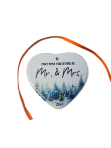 lot 1198584 image: Luvsweets First Christmas Married Ornament 2024 - Wedding Gifts for Couples Bridal Shower Gift Wedding Decorations for Newlyweds Mr and Mrs Gifts Ceramic Heart 1st Christmas Hanging Married Ornament - Retail $12
