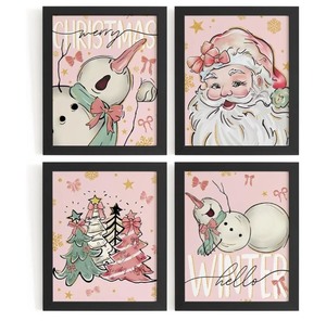 lot 1198591 image: DSHFG Pink Christmas Wall Decor Prints, Pink Christmas Wall Decor Posters, Christmas Decoratios for Home Bedroom Bathroom Living Room, Santa Bow Trees Snowman Wall Art Prints Set of 4, 8x10 Unframed - Retail $9