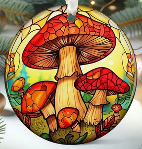 lot 1198593 image: Mushroom Ornaments for Christmas Tree - Ceramic Ornament 2024 - Gifts for Mushroom Lovers - Retail $13