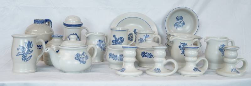 lot 1385 image: Lot of Pfaltzgraff Yorktowne - China Unique Pieces - Tea Pot, Candle Stick Holders, Sugar Shaker, Decanters and More - Very Collectible Pattern