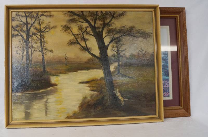 lot 1416 image: Lot of 2 pieces of framed Art - One Painting by E.E. Petty and One Framed Print - Cool
