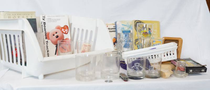 lot 1423 image: Misc. Lot of Crown Royal GlassesBag  Books and more w Organizer Caddy - see pics
