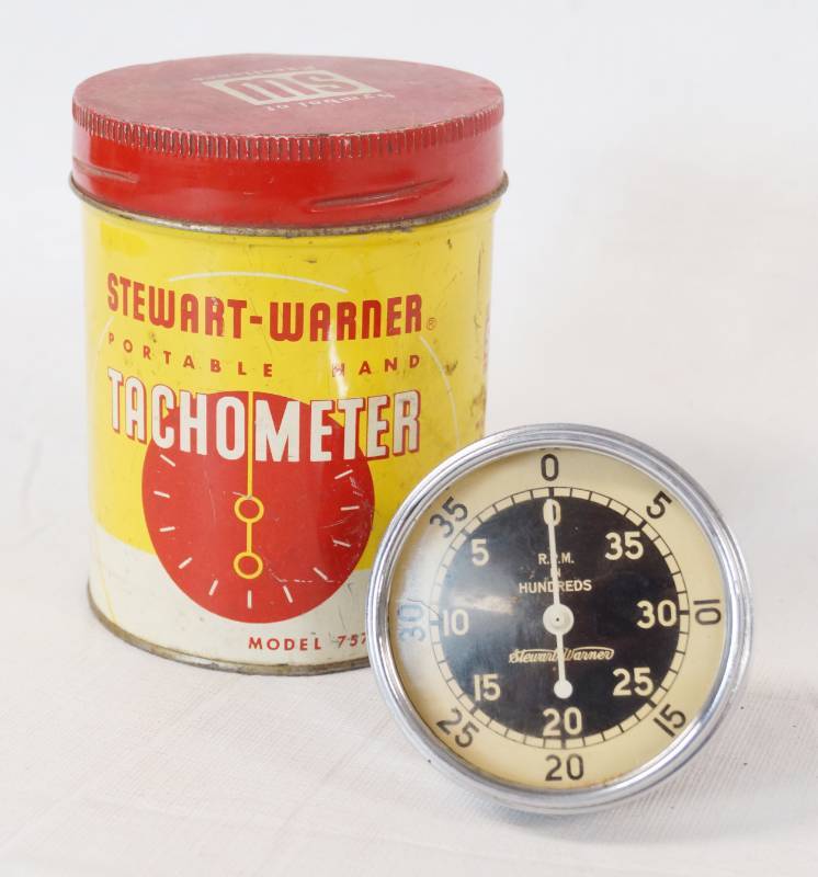 lot 1428 image: Vintage Original Stewart Warner 757-W Hand Held Tachometer w original can NICE
