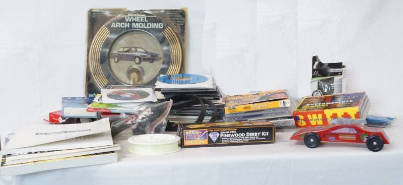 lot 1424 image: Misc. Lot - Pinewood Derby Cars, Automotive Trim, Fishing String and More - See photos