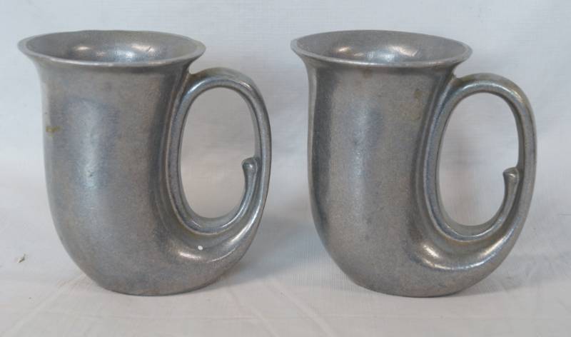 lot 3412 image: Awesome Pair Of Pewter Mugs - Made To Look Like Musical Horns Heavy Marked RWP 6 U S A