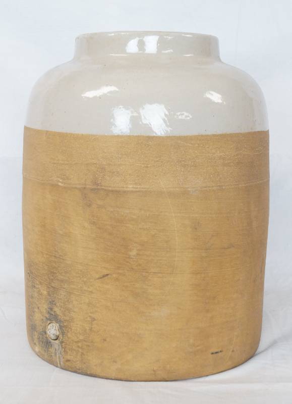 lot 3421 image: Vintage Stoneware Crock - 14 Tall - Bottom Is 10 In Diameter - Opening Is 6 In Diameter - Has Plug In The Bottom On Side See Pictures - Nice