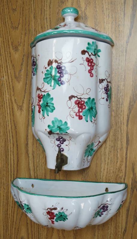 lot 3422 image: Ceramic Liquid Dispenser Hand Painted - With Drip Tray And Lid - Vintage Used In Catholic Homes
