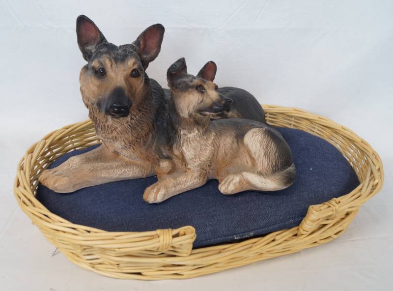 lot 3435 image: Sweet German Shepherd Statue on a Real Wicker Doggy Bed - Larger thank pics look