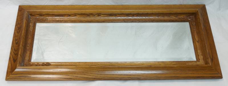 lot 3457 image: Decorative Hanging Vertical Wall Mirror - 3 tall X 16 wide - Some corner accents are missing but the wood frame is nice - See pics