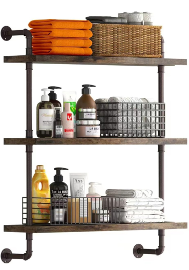 lot 8136 image: Helsin 3 Tier Industrial Pipe Shelf Rustic Wood Floating Shelves,Wall Display Bookshelf,Storage Rack Sundries Holder for Kitchen Office Bathroom Organization and Home Decor (24inch)