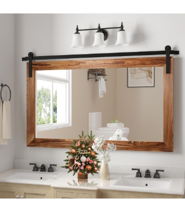 lot 8283 image: COGOOD Farmhouse Barn Door Mirror - 41 x 26 Rustic Wood Framed Wall Mirror for Bathroom, Living Room, Bedroom Wall Decor (Brown)