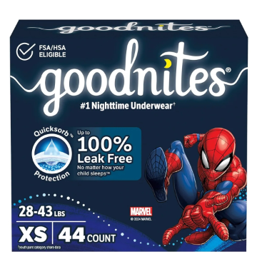 lot 9446 image: Goodnites Boys Nighttime Bedwetting Underwear, Size Extra Small (28-43 lbs), 44 Ct (2 Packs of 22), Packaging May Vary