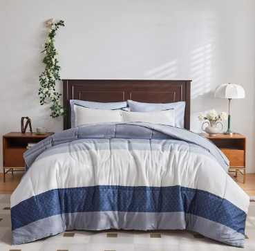 lot 1030 image: UOZZI BEDDING Cotton Striped Comforter Sheet Set Queen Size 7 Pieces Bed in a Bag with Navy White Blue-Gray Stripes Soft Bed Set (1 Comforter 2 Pillow Shams 1 Flat Sheet 1 Fitted Sheet 2 Pillowcases)