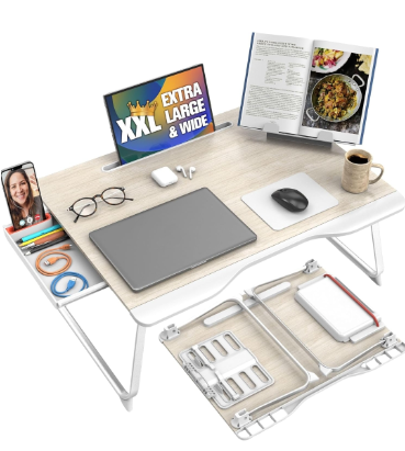 lot 1273 image: Cooper Mega Table Plus Premium XXL Extra Large Laptop Desk for Bed, Table for Laptop in Bed, Desk for Floor  Portable, Folding Legs, Book Stand, Tablet Groove, Drawer, Extra Wide Surface (White Oak)