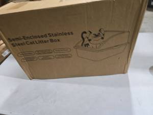 lot 5001 image: Semi-Enclosed Stainless Steel Cat Litter Box - Silver
