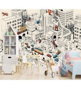 lot 5021 image: XMPMBM-Cartoon City car Nursery Room backsplash Large Decorative Wallpaper Kids Bedroom Manga Graffiti Wall Mural- W 132 X H 92 M