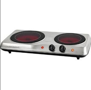 lot 5045 image: OVENTE Countertop Infrared Double Burner, 1700W Electric Hot Plate and Portable Stove with 7.75 and 6.75 Ceramic Glass Cooktop, 5 Level Temperature Setting and Easy to Clean Base, Silver BGI102S