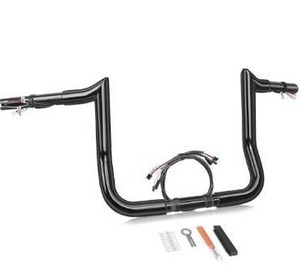 lot 5046 image: 12 Rise Pre-Wired Ape Hangers Handlebars 1 14 Fat 1 Clamp Meathook Monkey Bar Gloss Black Fit for Harley Touring Miter Cut 2013 Cvo 2016-2023 Street Glide Electra Glide Ultra Limited