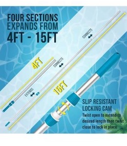 lot 5057 image: . Pool Supply Telescoping Pole 15-Foot Aluminum Pool Pole Telescopic Cleaning, Adjustable 4 Piece Expandable Step-Up - Twist Locking Cams, Attach Connect Skimmer Net Rake Brush Vacuum Heads Hoses