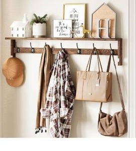lot 5093 image: AMBIRD Coat Rack Wall Mount, 35 Inch Extra Long Wall Hooks with Hanging, Wooden Shelf with 7 Metal Hooks 2 Side Hooks, Wall Key Holder with Shelf in Entryway, Kitchen, Bathroom, Living Room, Bedroom
