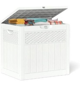 lot 5095 image: 33 Gallon Resin Deck Box, Weatherproof Outdoor Storage Box for Patio, Garden and Yard, Lockable Waterproof Bin for Tools, Cushions, and Accessories, White