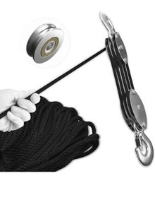 lot 5101 image: Block and Tackle Pulley System, Upgraded 3-Wheel Rope Pulley Hoist, 51 Lifting Power, 1100LB Work Load with 55Ft of 14 Rope, Ultra-Compact Rope Hoist for Garage, Hunting, and Heavy Lifting