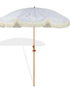 lot 5106 image: 6.5ft Patio Umbrella with Fringe, Beach Umbrella, Fringe Umbrella Outdoor Patio with Hanging Hook, Tilting Aluminum Pole, UV 50, Fiberglass Ribs, Blue White Stripe